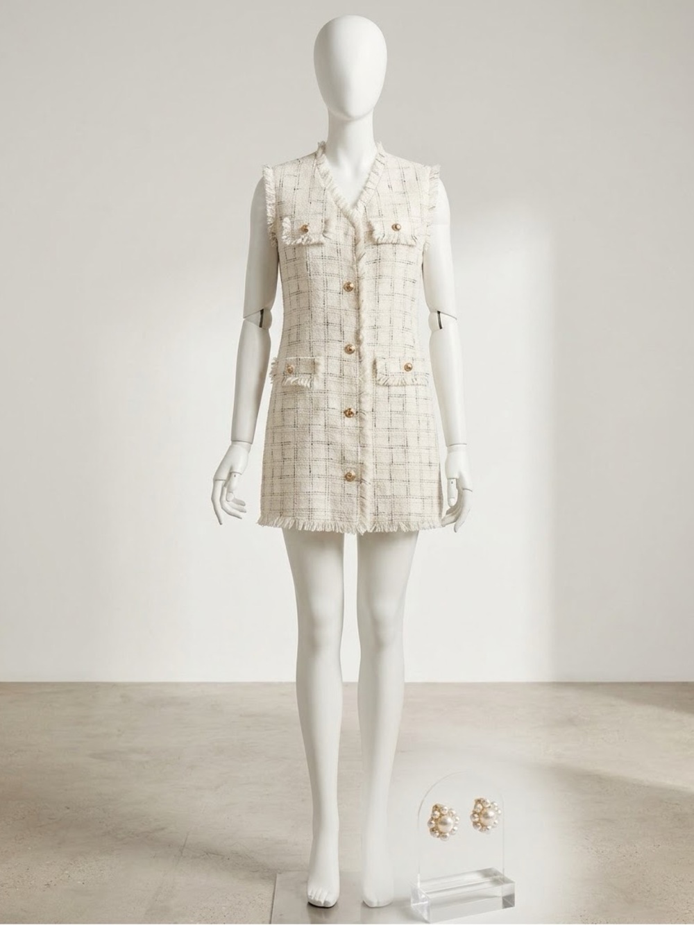 Adrianna Papell Cream Tweed Sleeveless Shift Dress with Gold Buttons